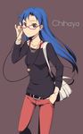  bad_id bad_pixiv_id bag blue_hair bracelet brown_eyes casual glasses handbag idolmaster idolmaster_(classic) jewelry kisaragi_chihaya solo watch wristwatch yuuhi_(ages) 