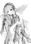  boots candy chair dress food graphite_(medium) greyscale hairband knee_boots lollipop long_hair megumi_(piyo7piyo9) monochrome open_mouth rozen_maiden sitting solo suigintou swirl_lollipop tongue traditional_media wings 