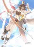  arrow belt bird boots bow_(weapon) brown_hair cloud crop_top day midriff navel ragnarok_online shilin shoes shorts sky sniper_(ragnarok_online) solo weapon winged_shoes wings yellow_eyes 