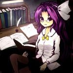  asakura_rikako book bow chagu crossed_legs desk glasses hair_intakes hairband inkwell lamp long_hair pantyhose paper purple_eyes purple_hair quill sitting solo touhou touhou_(pc-98) 