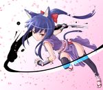  animal_ears blue_hair cat_ears cat_tail character_request copyright_request fingerless_gloves gloves ink mofu ninja petals ponytail red_eyes side_slit slashing solo sword tail thighhighs weapon 