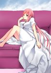  aoten breasts copyright_request couch dress finger_to_mouth impossible_clothes impossible_dress large_breasts long_hair pink_hair purple_eyes sitting solo 