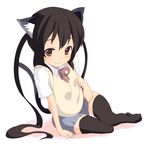  animal_ears arm_support black_hair black_legwear blush brown_eyes cat_ears cat_tail k-on! leaning long_hair nakano_azusa neck_ribbon red_ribbon ribbon school_uniform sitting skirt smile solo sora_to_umi sweater sweater_vest tail thighhighs twintails 
