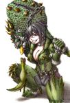  armor black_hair breasts brown_eyes cleavage colored_pencil_(medium) deviljho_(armor) fang garyuu_ryuuga grin highres large_breasts md5_mismatch monster monster_hunter ponytail short_hair smile solo traditional_media weapon 