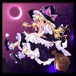  apron blonde_hair broom broom_riding dress hair_ribbon hat kirisame_marisa long_hair mary_janes night night_sky ribbon sakuragi_akira shoes sky socks solo star_(sky) starry_sky touhou witch_hat yellow_eyes 