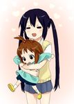  =_= black_hair brown_hair child crayon forehead hair_bobbles hair_ornament high_ponytail hirasawa_yui hug k-on! kindergarten_uniform long_hair multiple_girls nakano_azusa ronti school_uniform short_hair skirt sweater_vest take_it_home time_paradox twintails younger 