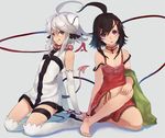  2girls :q ahoge bare_shoulders barefoot black_eyes black_hair boots brown_hair choker collar cross cuffs demon_tail elbow_gloves face feet gloves hair_ornament hairclip handcuffs heterochromia highres holding_hands jewelry kiko_(clovia_studio) kneeling koki_(clovia_studio) leash multiple_girls necklace orange_eyes original red_eyes revision shirabi sitting symbol-shaped_pupils tail thigh_boots thigh_strap thighhighs tongue tongue_out white_hair white_legwear wings 