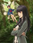  black_hair blue_eyes devil_summoner forest japanese_clothes kimono kobashi long_hair multiple_girls nagi_(devil_summoner) nature pixie_(megami_tensei) pointy_ears sandals shin_megami_tensei short_hair short_kimono vial wings 