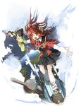  2girls :d above_clouds black_hair cloud copyright_request earth from_above green_eyes headset holding_hands hover_board japanese_clothes kimono long_hair loose_socks multiple_girls open_mouth red_hair shilin skirt smile socks tower white_legwear 