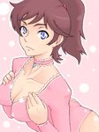  acid_(acid-field) bad_id bad_pixiv_id blue_eyes breasts brown_hair cleavage leotard long_hair medium_breasts original pink_leotard ponytail solo 