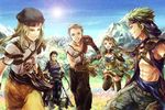  4boys armor blonde_hair day dirk_(suikoden_tierkreis) forest gensou_suikoden gensou_suikoden_tierkreis green_hair hat hero_(suikoden_tierkreis) jale liu-shen marica_(suikoden_tierkreis) mountain multiple_boys nature scenery sky sun thighhighs white_hair yue_(pixiv2547) 