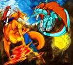  aerial_battle baseball_cap battle charizard gen_1_pokemon gen_3_pokemon hat highres pokemon pokemon_(creature) pokemon_(game) red_(pokemon) red_(pokemon_rgby) red_wings riding salamence torajou wings 