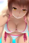  bent_over bikini breasts cleavage dead_or_alive kasumi_(doa) large_breasts navel pink_hair side-tie_bikini solo swimsuit thigh_gap ueyama_michirou yellow_eyes 