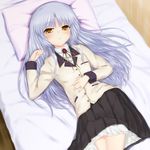  angel_beats! bed blazer blue_hair blush jacket kanna_asuke long_hair lying on_back open_mouth pillow ribbon school_uniform skirt solo tenshi_(angel_beats!) yellow_eyes 