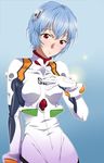  ayanami_rei bad_id bad_pixiv_id blue_hair blush bodysuit hand_on_own_chest highres line9 neon_genesis_evangelion plugsuit red_eyes short_hair simple_background skin_tight solo white_bodysuit 