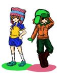  2boys black_eyes child coat crossover earflap_hat full_body gloves hat hat_ears inazuama_eleven inazuma_eleven inazuma_eleven_(series) kusatsu26 kyle_broflovski male_focus matsuno_kuusuke multiple_boys red_hair redhead sketch south_park sportswear standing uniform 