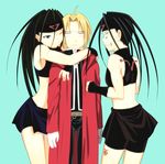  androgynous angry annoyed bad_id bad_pixiv_id black_hair blonde_hair closed_eyes dual_persona edward_elric envy_(fma) fullmetal_alchemist gloves hug itou_(itsuko) long_hair multiple_boys simple_background smile time_paradox 