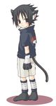  animal_ears black_eyes black_hair cat cat_ears cat_tail catboy crest family_crest full_body kitty kubyou_azami looking_back male_focus naruto neko simple_background solo standing tail uchiha_sasuke white_background 