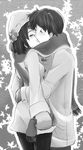  1girl clannad couple furukawa_nagisa ginytah greyscale hetero hug husband_and_wife kiss monochrome okazaki_tomoya scarf shared_scarf short_hair winter_clothes 