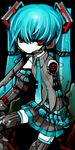  android aqua_hair hatsune_miku headphones headset highres long_hair mecha_musume necktie red_eyes robot_joints skirt solo thighhighs twintails vocaloid zinbei 