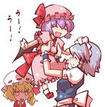  angry blonde_hair chibi closed_eyes fang flandre_scarlet hat houroku izayoi_sakuya jealous lifting_person lowres maid maid_headdress multiple_girls open_mouth purple_hair remilia_scarlet short_hair silver_hair touhou wings 