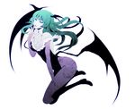  :p bad_id bad_pixiv_id banned_artist bare_shoulders breasts cleavage demon_girl demon_wings green_eyes green_hair large_breasts long_hair morrigan_aensland pantyhose s_tanly simple_background solo tongue tongue_out vampire_(game) wings 