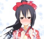  black_hair blush brown_eyes hair_ribbon japanese_clothes k-on! kimono long_hair nakano_azusa ponytail ribbon solo tasuki yuiazu_(unit) yuzuhara902 