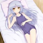  angel_beats! bed blue_hair blush kanna_asuke long_hair lying on_back one-piece_swimsuit open_mouth pillow school_swimsuit solo swimsuit tenshi_(angel_beats!) yellow_eyes 