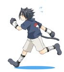  animal_ears black_eyes black_hair cat cat_ears cat_tail catboy crest family_crest full_body kitty kubyou_azami male_focus naruto neko running simple_background solo tail uchiha_sasuke white_background 