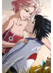  1girl bare_shoulders black_eyes black_hair breasts cleavage couple green_eyes hand_on_shoulder haruno_sakura hetero medium_breasts naruto_(series) naruto_shippuuden pillarboxed pink_hair reza_kabir smile strapless uchiha_sasuke 