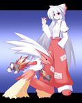  blaziken crossover fujiwara_no_mokou gen_3_pokemon hair_ribbon long_hair miyo_(miyomiyo01) poke_ball pokemon pokemon_(creature) red_eyes ribbon silver_hair talons touhou very_long_hair 