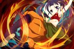  bad_id bad_pixiv_id black_hair falling fire midriff monk_(sekaiju) p-nut purple_eyes sekaiju_no_meikyuu sekaiju_no_meikyuu_3 solo 