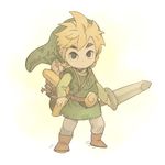  bad_id bad_pixiv_id belt blonde_hair boots eyebrows full_body holding holding_weapon left-handed link looking_at_viewer male_focus michenjomo simple_background solo standing sword the_legend_of_zelda thick_eyebrows toon_link tunic weapon younger 
