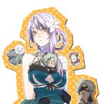  2boys bad_id bad_pixiv_id bandages between_breasts blush book braid breasts chibi cleavage dual_persona emil_(nier) flower gloves grimoire_weiss hair_ornament kaine_(nier) large_breasts lingerie multiple_boys negligee nier nier_(old) nier_(series) nier_(young) pomeko ribbon short_hair silver_hair underboob underboob_cutout underwear yellow_eyes 