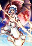  akiyasu bat_wings blue_hair full_moon looking_at_viewer moon open_mouth red_moon remilia_scarlet sky solo spear_the_gungnir touhou wings 