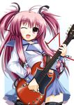  absurdres ahoge angel_beats! belt blush choker cross demon_tail fang guitar highres instrument long_hair nekur pink_eyes pink_hair ribbon school_uniform serafuku skirt smile solo tail thigh_strap two_side_up yui_(angel_beats!) 