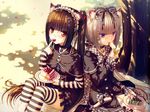  2girls animal_ears bell cake choker cross eating fork gothic hair_ornament lolita long_hair nail_polish picnic plaid shade sitting 