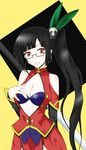  1girl absurdres arc_system_works bare_shoulders black_bra black_hair blazblue blazblue:_calamity_trigger bra breasts china_dress chinadress chinese_clothes cleavage dress female glasses highres lao_jiu lingerie litchi_faye_ling long_hair ponytail red_eyes simamo solo staff underwear 