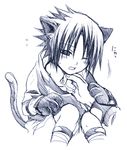  animal_ears blush cat cat_ears cat_tail catboy kitty kubyou_azami lowres male_focus male_hand monochrome naruto neko one_eye_closed open_mouth sitting solo tail uchiha_sasuke white_background wink 