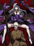  anklet barefoot bell censored convenient_censoring floral_print flower grey_hair gun hair_flower hair_ornament hat highres iga_tomoteru japanese_clothes jewelry kimono legs military military_uniform nail_polish original pale_skin red_nails rifle skeleton skull uniform weapon yellow_eyes 