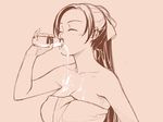  bottle breasts brown closed_eyes hands ino kousaka_rino large_breasts long_hair milk milk_bottle monochrome naked_towel otome_function pink_background pinky_out simple_background sketch solo spill towel 