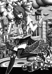  book camera city cloud fan frills gathers graphite_(medium) greyscale hane_(azelye) hat heart high_heels highres inubashiri_momiji leaf lipstick makeup maple_leaf monochrome multiple_girls shameimaru_aya shoes smile thighhighs tokin_hat touhou traditional_media 