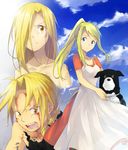  2boys alphonse_elric animal apron bad_id bad_pixiv_id blonde_hair blood blue_eyes braid brothers day den_(fma) dog dress edward_elric fullmetal_alchemist long_hair multiple_boys outdoors ponytail riru siblings spoilers winry_rockbell 