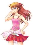  belt blue_eyes blush brown_hair camisole clothes_around_waist h_asagi hand_on_hip long_hair neon_genesis_evangelion open_mouth shikinami_asuka_langley skirt solo souryuu_asuka_langley sweater sweater_around_waist 