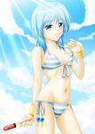  ayato bad_id bad_pixiv_id bikini blue_eyes blue_hair food front-tie_top grin light_rays lyrical_nanoha mahou_shoujo_lyrical_nanoha_strikers numbers_(nanoha) popsicle sein_(nanoha) short_hair smile solo striped striped_bikini striped_swimsuit sunbeam sunlight swimsuit watermelon_bar 