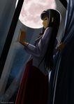  black_hair blue_eyes full_moon hairband highres long_hair long_skirt looking_down maisaki moon night red_skirt skirt solo toono_akiha tsukihime white_hairband window 