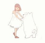  1girl artist_name blush brown_footwear brown_hair dancing dog fluffy foot_up full_body looking_down medium_hair original shirt shoes signature simple_background sleeveless standing tofuvi white_background white_dog white_shirt 