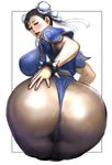  anus ass ass_grab blush bracelet breasts bun_cover china_dress chinese_clothes chun-li double_bun dress grabbing_own_ass highres huge_ass huge_breasts jewelry kisuu lipstick looking_back makeup panties pantyhose sideboob solo spiked_bracelet spikes street_fighter thick_thighs thighs thong underwear 