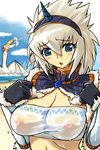  bandeau beach blue_eyes blush breasts cleavage hairband horn kirin_(armor) large_breasts michael monster_hunter nipples see-through solo wet 