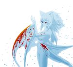 animal_ears bad_id bad_pixiv_id blood blue_skin cat_ears long_hair monochrome monster_hunter nargacuga navel nude personification red_eyes solo spot_color tail wings yasuyuki 